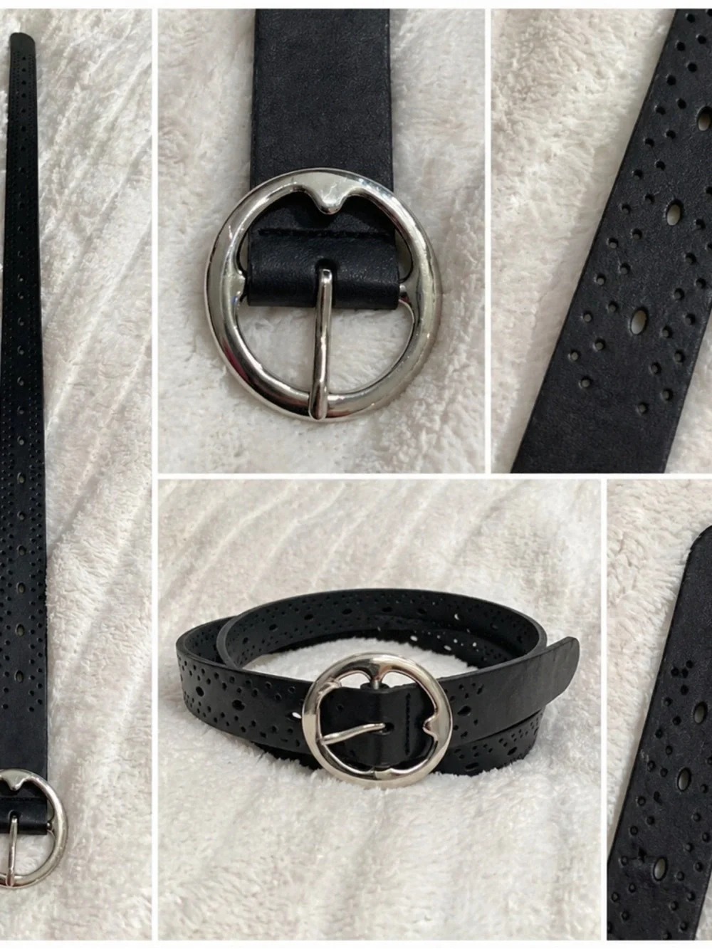 Black Perforated Leather Belt with Silver Round Buckle 38 inches